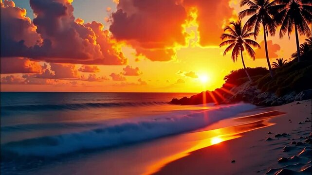 A red sunset on the paradisiacal ocean coast with tropical palm trees and waves of surf. Banner for a travel agency, burning tour, a vacation tour in hotel