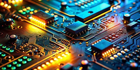 Fototapeta premium Close-Up Night Shot of Glowing Electronic Circuit Board - High Detail
