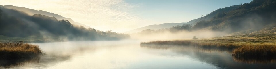 Fototapeta premium A dreamy river landscape with misty hills and soft morning light, with the uncluttered sky providing a seamless space for call-to-action text.