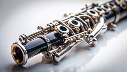 Close-up of a clarinet resting on a pristine white background; candid, natural light photography.