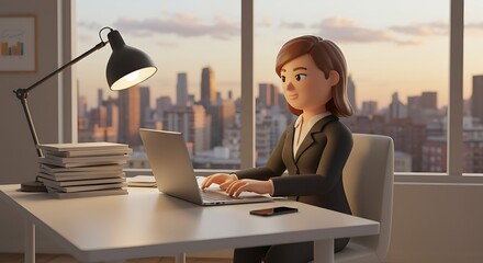 Business Woman Working at Laptop Cartoon 3D.3D cartoon rendering of a businesswoman working on her laptop in a modern office, papers and digital gadgets, city skyline in background, focused 