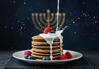 Hanukkah Pancakes with Cream Pour and Berries