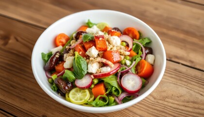 Colorful salad bowl on wooden table