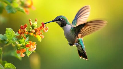 Hummingbird's Graceful Flight: Vibrant Blooms and Sunlit Serenity