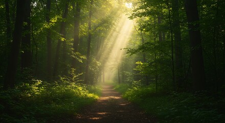 Obraz premium Sunlight streaming through the dense forest, illuminating a path leading into the distance