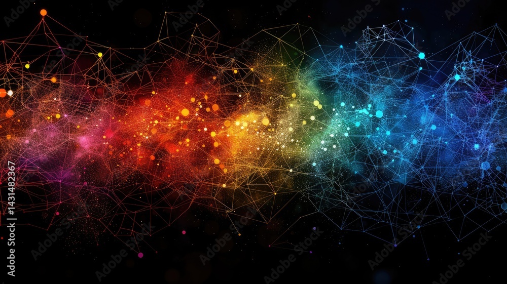 Poster multicolor particle explosion on a dark background. abstract image of colorful splashing vibrant col