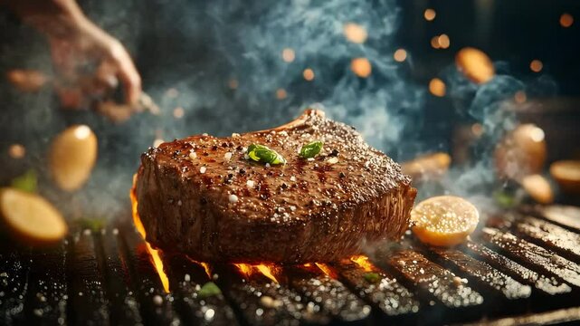 filet mignon BBQ Steaks are grilled on a stove with raging flames. 4K Footage Video