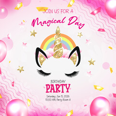 Colorful birthday party invitation featuring a unicorn theme
