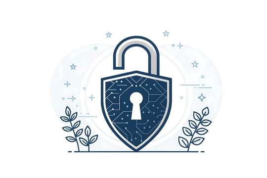 Unlocking Digital Security A shield shaped padlock symbolizes robust online protection featuring a circuit board design and clean minimalist style