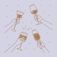 Romantic Cheers with Red Wine &ndash; Hand-drawn Illustration of Toasting Glasses and Hearts.