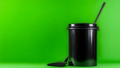 Black trash can with a broom and dustpan against a green background