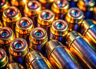 Close-up of Metal Bullets, Ammunition Detail, Gun Cartridge Macro Photography, Firearm Components