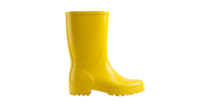 Single yellow rubber rain boot on transparent background