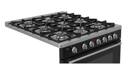 Gas range cooker. Metallic top with six burners and black oven visible. Buttons on panel