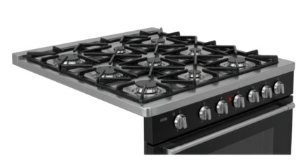 Gas range cooker. Metallic top with six burners and black oven visible. Buttons on panel