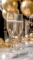 A festive scene featuring bubbly wine in crystal glasses, a marble table, and gold balloons with metallic streamers, exuding a modern, stylish, and jubilant party vibe
