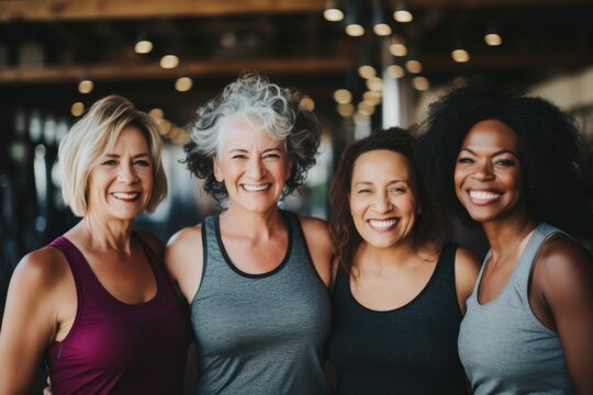 Portrait of smiling group of body positive senior diverse female in gym