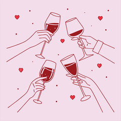 Romantic Cheers with Red Wine &ndash; Hand-drawn Illustration of Toasting Glasses and Hearts.