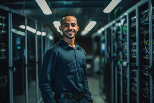Portrait of smiling hispanic male technician in server room