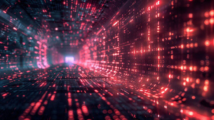 Abstract digital tunnel with glowing red and dark patterns.