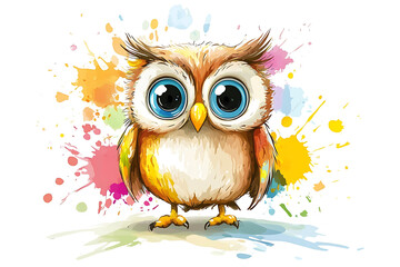 Obraz premium Colorful cartoon owl with large eyes standing against a vibrant splash background