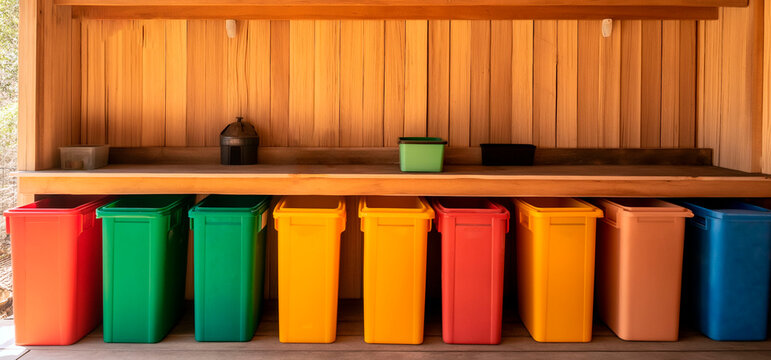 Colorful recycling bins lined up under a wooden counter in a well-organized eco-friendly sorting station