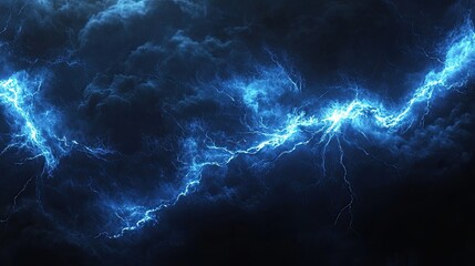 Abstract neon electric bolt effect with glowing blue sparks on black backdrop, high energy light trail