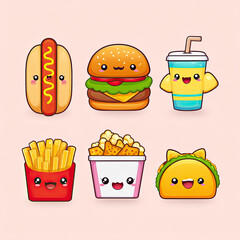 Cute kawaii fast food icons featuring hotdog, burger, soda, fries, popcorn, and taco