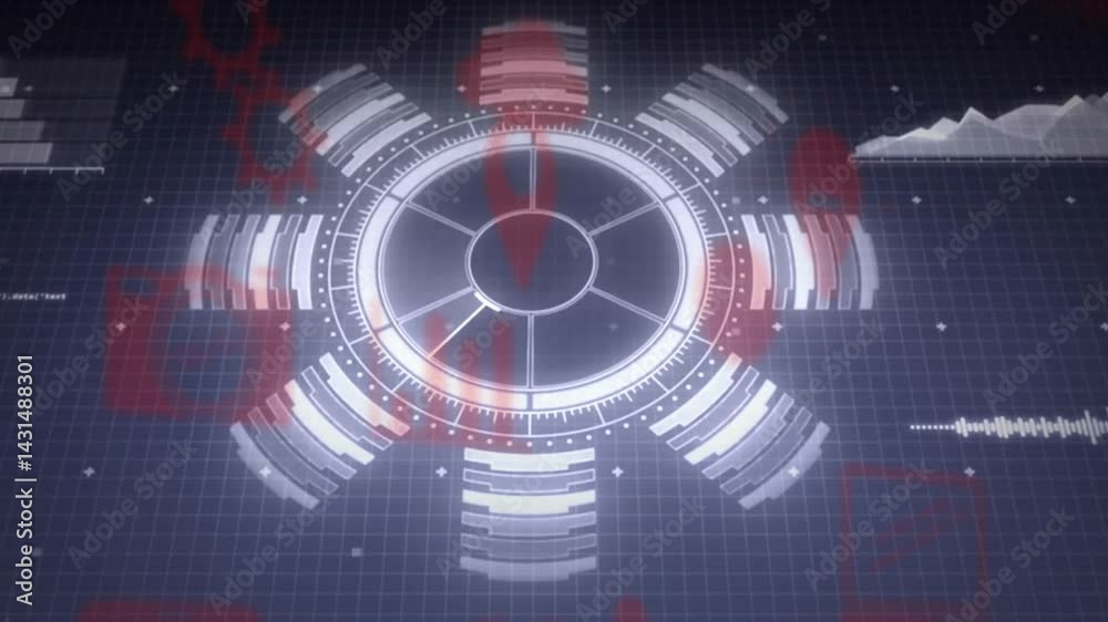 Poster central circular hud interface rotating and updating values, showing data clusters in flat design