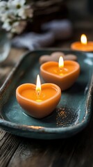 Obraz premium Heart-shaped candles in warm glow create a cozy atmosphere for relaxation and tranquility on a wooden table