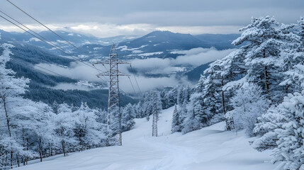 Fototapeta premium Snow-covered mountain landscape with ski tracks, power lines, and cloudy sky in winter