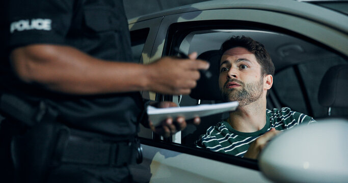 Man, police and stop car for fine, registration check and speeding for traffic warning. Person, law enforcement and licence for drunk driving, ticket penalty and transport risk for violation at night