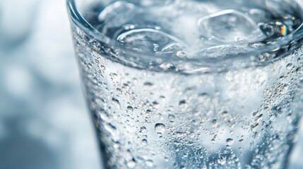 Close Up Of A Glass Filled With Ice And Water Showing Condensation Bubbles And Transparency On A Blurred Background