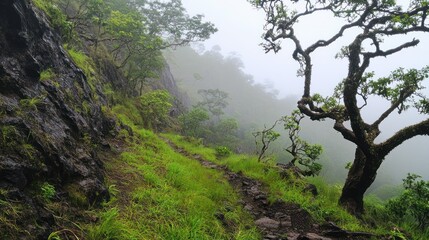Fototapeta premium Misty mountain trail, lush vegetation, fog, rocks, scenic hike