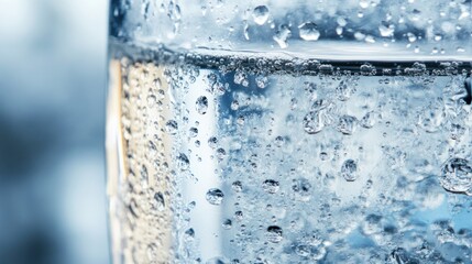 Close Up Of A Glass Of Sparkling Water With Blue Hues Displaying Bubbles and Transparency