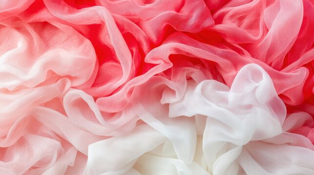 Elegant red and white tulle fabric gracefully folds and cascades, creating a soft and dreamy texture with beautiful, flowing shapes and a delicate, airy feel.