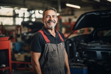 Smiling portrait of a middle aged Caucasian car mechanic working in a car mechanic shop in the USA