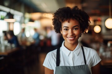Smiling portrait of a young female African American waiter in a cafe