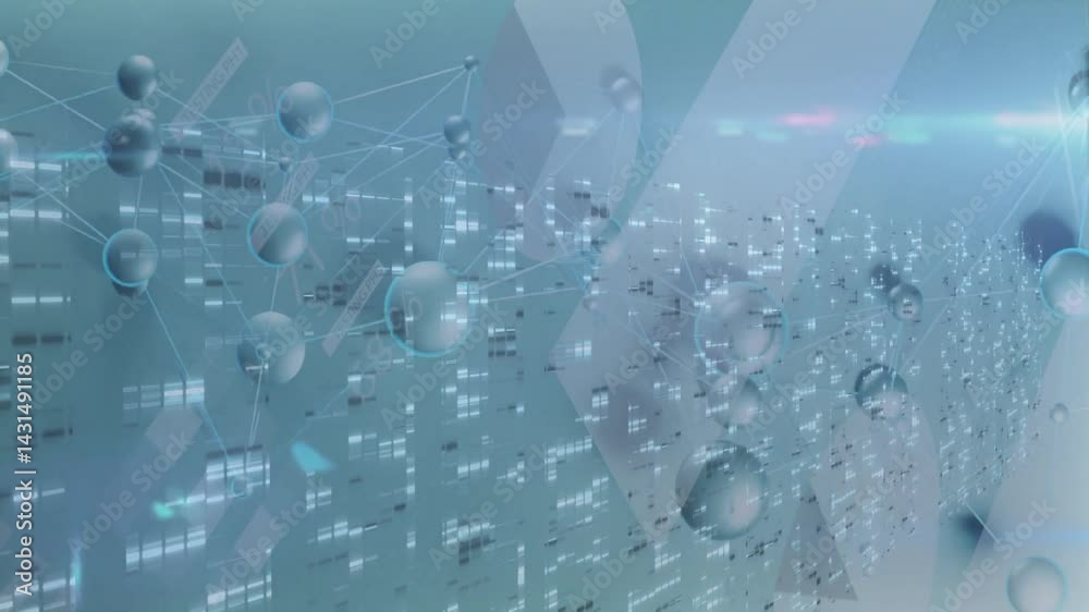 Poster Network cluster being displayed with metallic spheres, glowing lines and data bars in 3D render