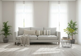 Elegant living room interior with sofa, pillows, throw and plants near bright windows