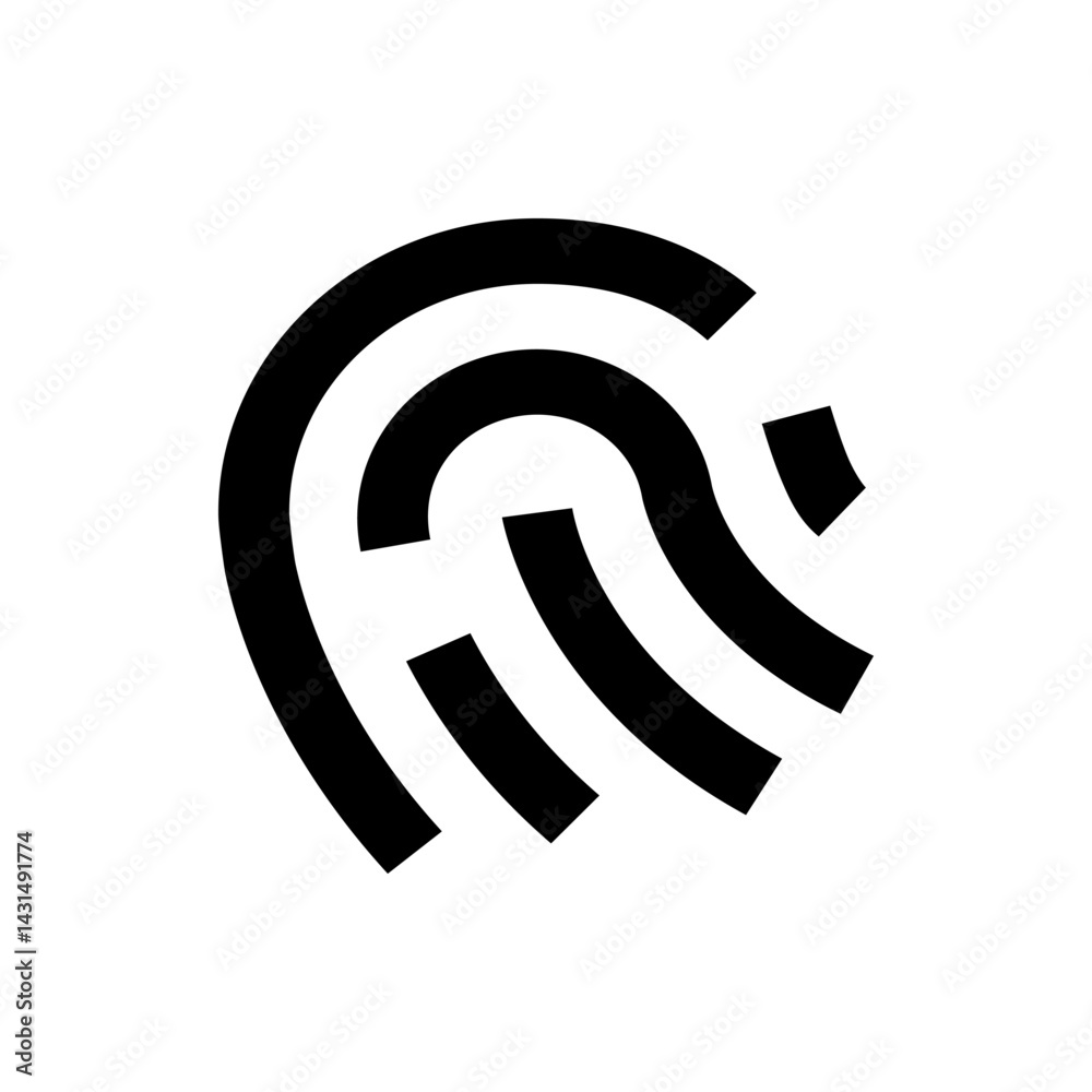 Poster abstract fingerprint design with curved lines and black fill on a white background for identificatio