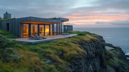 Fototapeta premium Coastal Cliffside Modern Home: Sunset Views