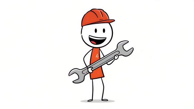 animated line figure character of a mechanic holding a wrench