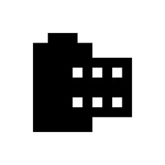 Black pixelated building structure with white square windows on a white background in simple design