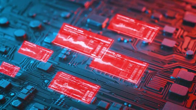 Circuit board reacting to human emotions, color-shifting from calm blue to angry red, emotion data visualizations overlay, cyberpunk noir lighting, dramatic angles