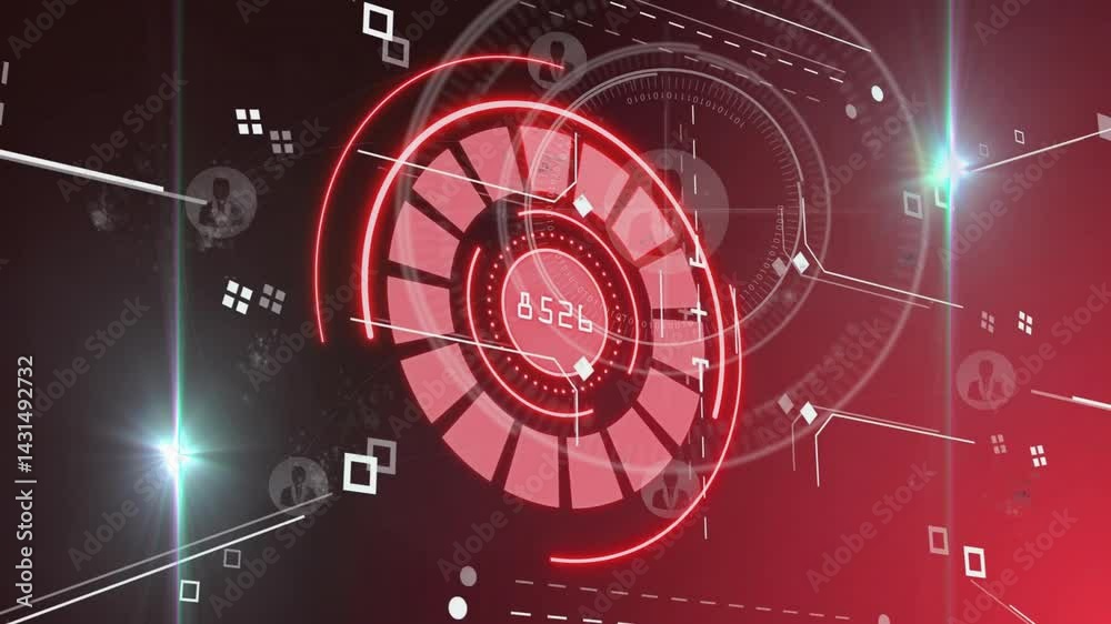 Poster red segmented circular hud displaying 1587 reading, rotating in binary arcs and glowing grid