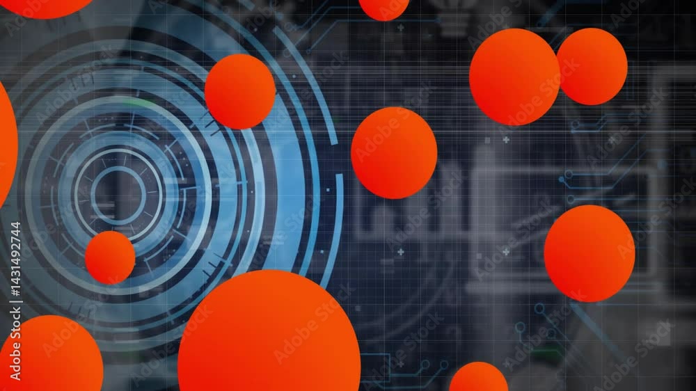 Poster high-tech data being visualized on flat design interface, featuring red?orange circles and grid