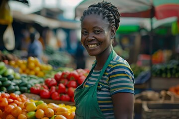 Smiling African American woman standing at vegetables stall and selling to customers at market place