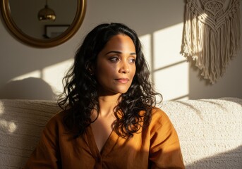 Woman Gazing in Sunlight Near Mirror & Macrame