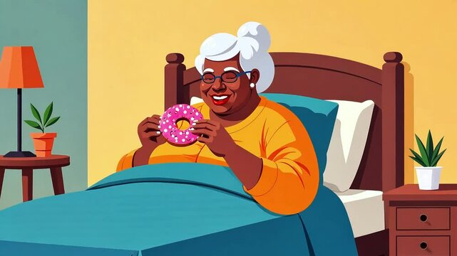 Elderly woman eating donut, sitting on bed in her bedroom, cartoon vector style, concept of diabetes and sugar addiction
